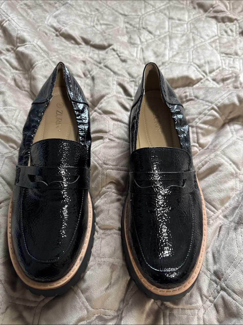 Black Patent Leather Penny Loafers with Tan Contrast Welt